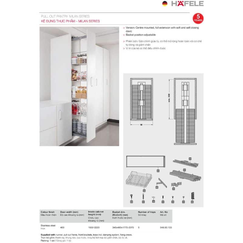 Cấu tạo bộ rổ kéo lớn Milan Hafele 548.93.133 Cấu tạo bộ rổ kéo lớn Milan Hafele 548.93.133