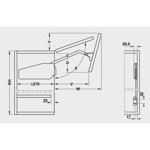 Bộ tay nâng FREE FOLD SHORT Hafele 493.05.893, trắng 5 Kích thước bộ tay nâng FREE FOLD SHORT Hafele 493.05.893, trắng