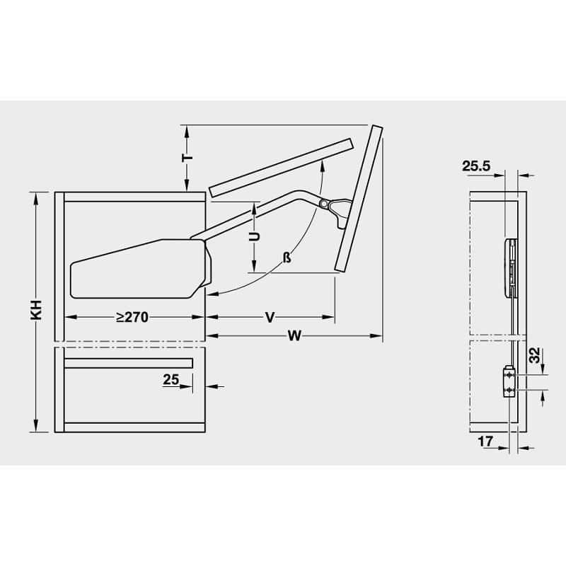 Kích thước bộ tay nâng FREE FOLD SHORT Hafele 493.05.893, trắng Kích thước bộ tay nâng FREE FOLD SHORT Hafele 493.05.893, trắng