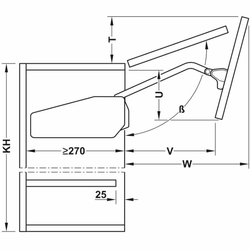 Kích thước bộ tay nâng FREE FOLD SHORT Hafele 493.05.896, trắng Kích thước bộ tay nâng FREE FOLD SHORT Hafele 493.05.896, trắng