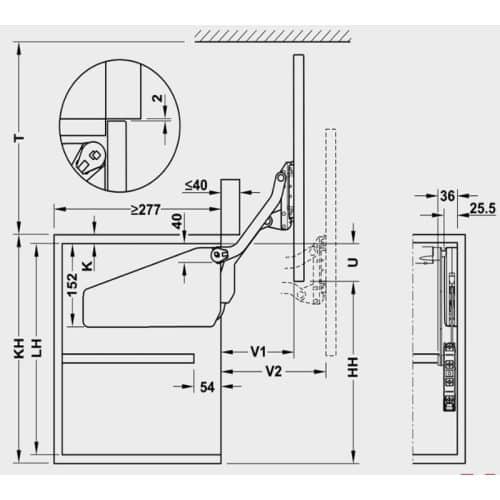 Kích thước bộ tay nâng FREE UP Hafele 493.05.802 nắp xám