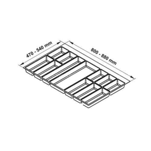 Kích thước khay chia đa năng đựng dao kéo thìa nĩa Hafele 556.52.249