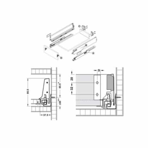 Kích thước Ray hộp TANDEMBOX Intivo X1 Hafele 553.84.235 giảm chấn xám