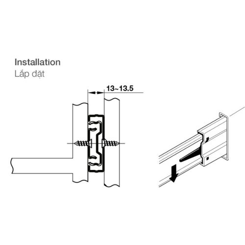 Kích thước ray bi giảm chấn dài Hafele 494.02.062