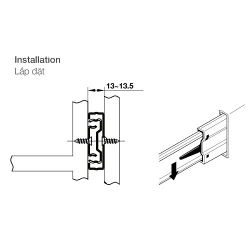 Kích thước ray bi giảm chấn Hafele 494.02.065
